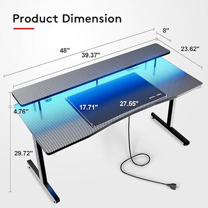 55 Inch Gaming Desk with Monitor Stand Carbon Fiber Surface