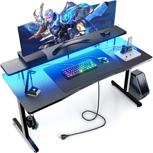 55 Inch Gaming Desk with Monitor Stand Carbon Fiber Surface